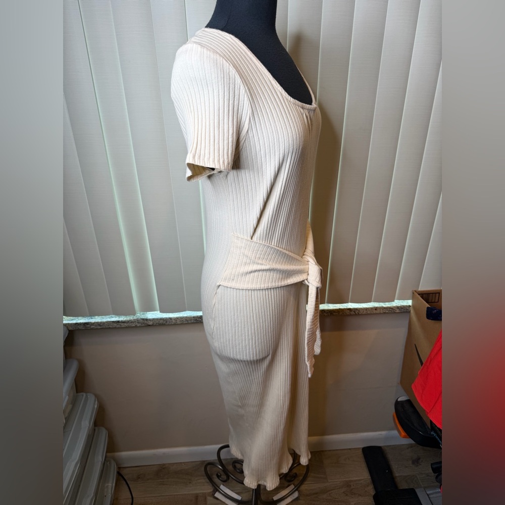 TOPSHOP Midi Sweater Dress 10 Beige Ribbed Knit Short Sleeve Tie Belt Size 14 - Picture 3 of 7